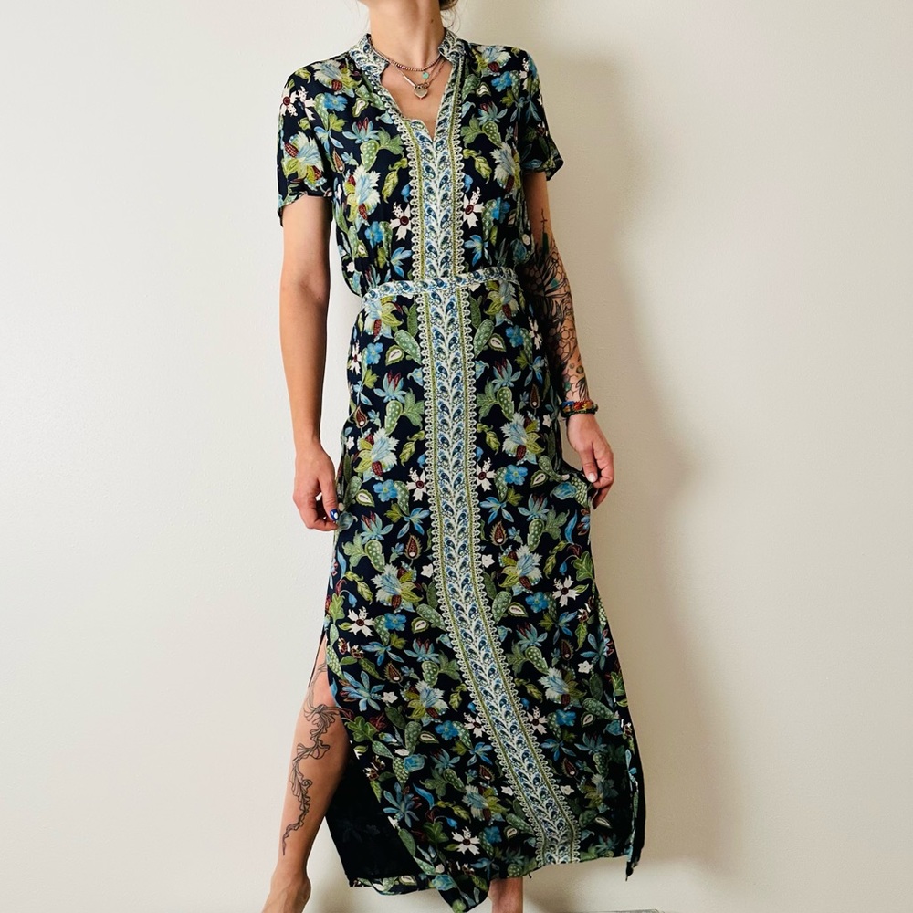 Tory Burch garden Wisteria Maxi silk Dark Floral dress boho patterned